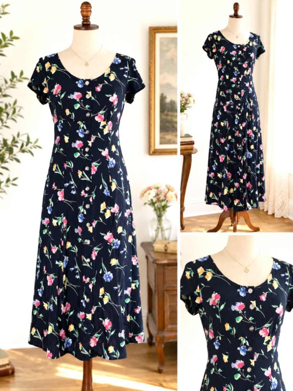 PETITE SOPHISTICATE Vintage Floral Midi Dress Petite 0 Button Front Cottagecore